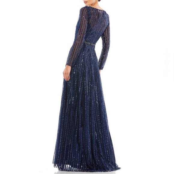 Mac Duggal Sequins Stripe Plunge Neck Long Sleeve A Line Gown Midnight Color NWT - Picture 15 of 16